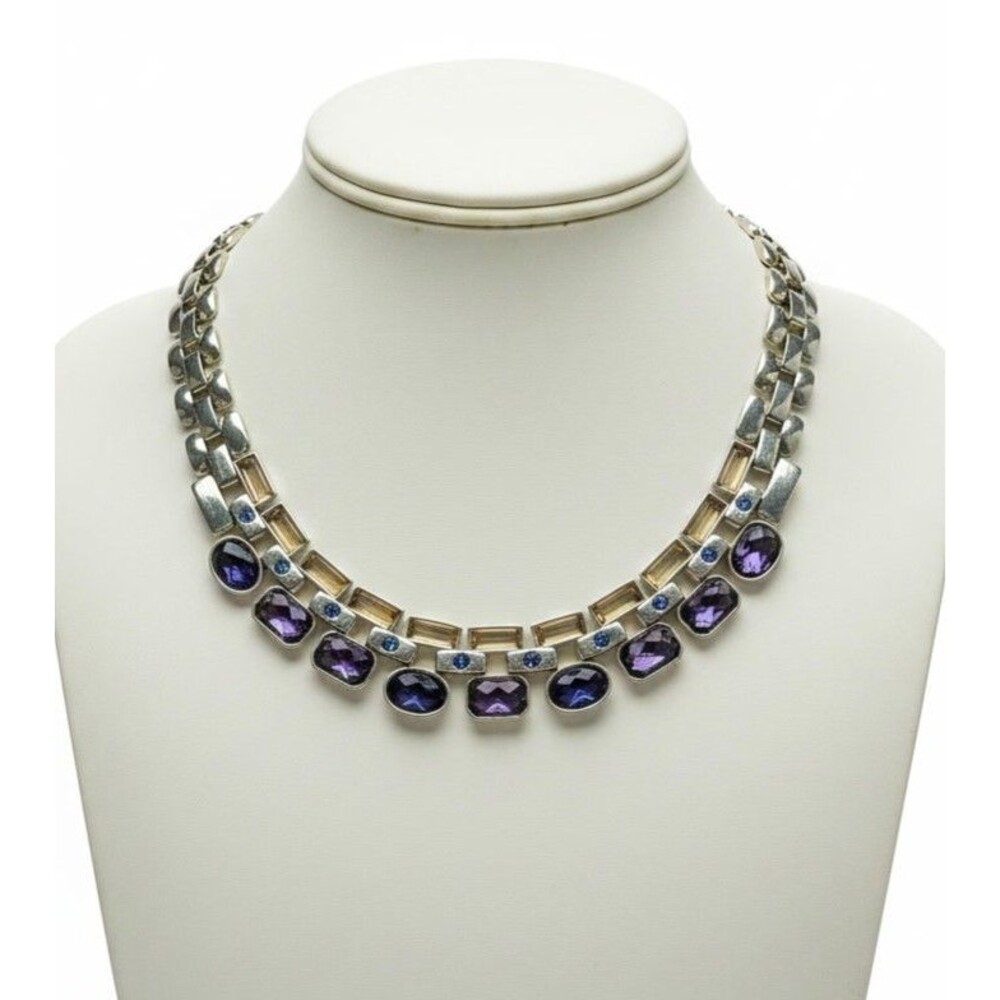 Nine West Silver Tone Purple Pink Blue Crystal Geometric Collar Statement
